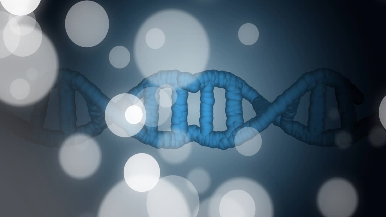 Animazione di filamento di DNA e luci bokeh su sfondo scuro.