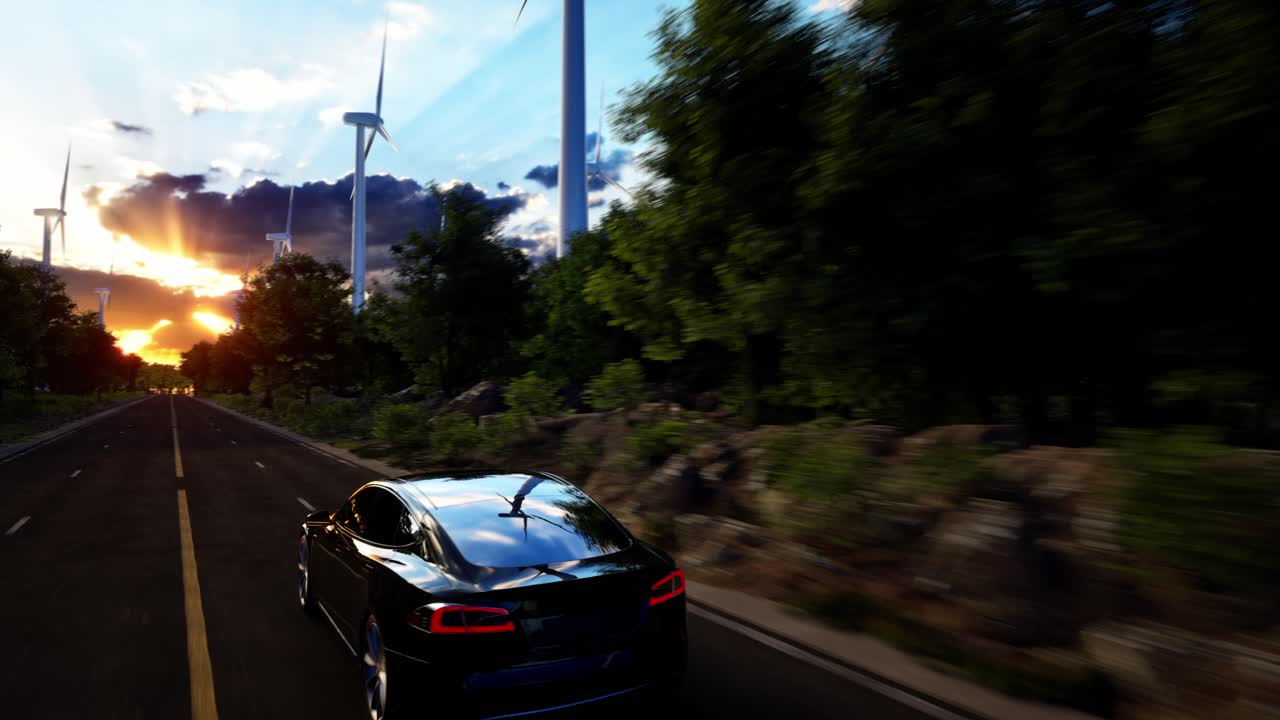 rendering 3d di auto elettriche generiche su una strada con turbine eoliche sullo sfondo. animazione 3d realistica