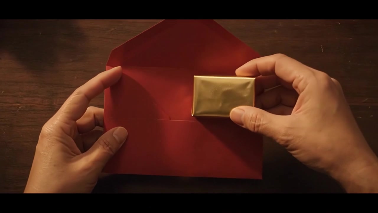 Person Placing Small Gold Gift into Red Envelope