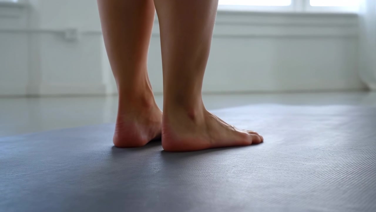 Una vista ravvicinata mostra i piedi che effettuano piccoli aggiustamenti di postura su un tappetino testurizzato mentre la parte inferiore delle gambe rimane eretta, con pavimentazione chiara, pareti bianche e luce diffusa dalla finestra sullo sfondo.