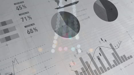 graphs and charts with percentages and data points animation over blurred lights