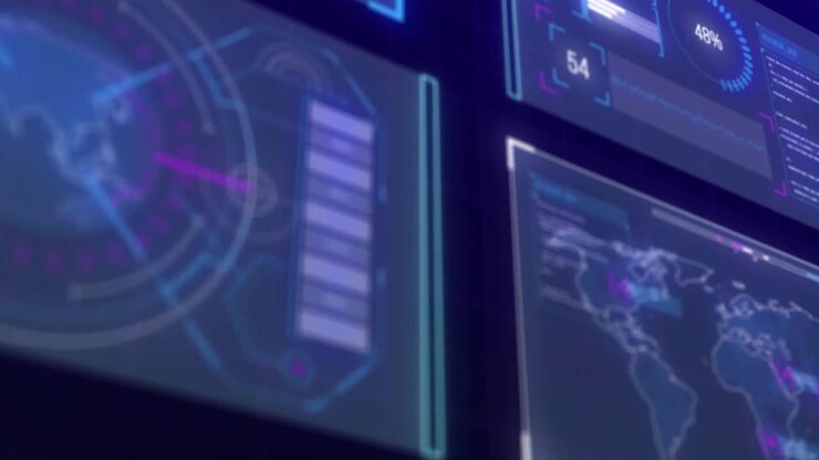 Animation of diagrams and data processing on black background