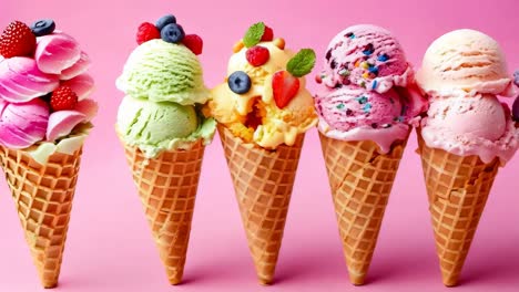 una fila de conos de helado llenos de diferentes sabores de helados