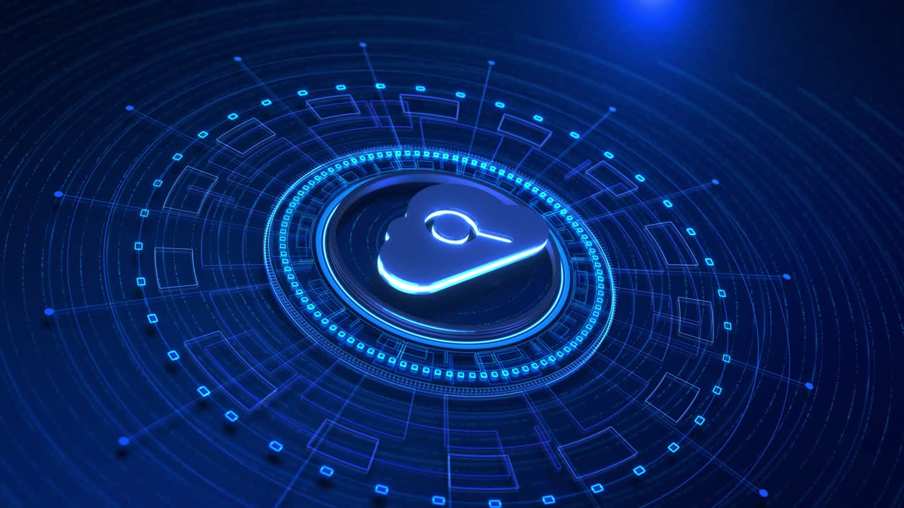 Human hand click on cloud computing data search storage retrieval data rings radial network lines