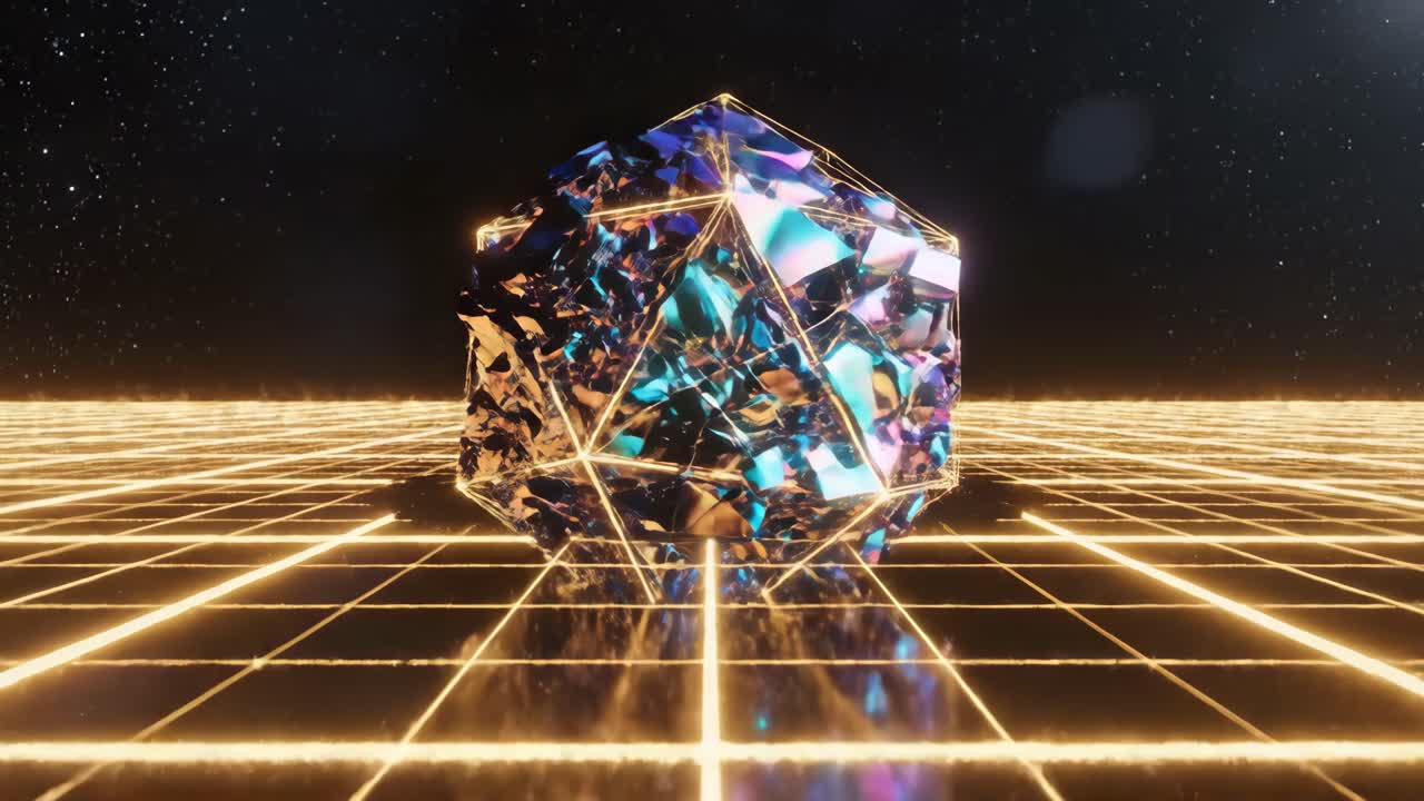 Futuristic Geometric Crystal on a Glowing Grid