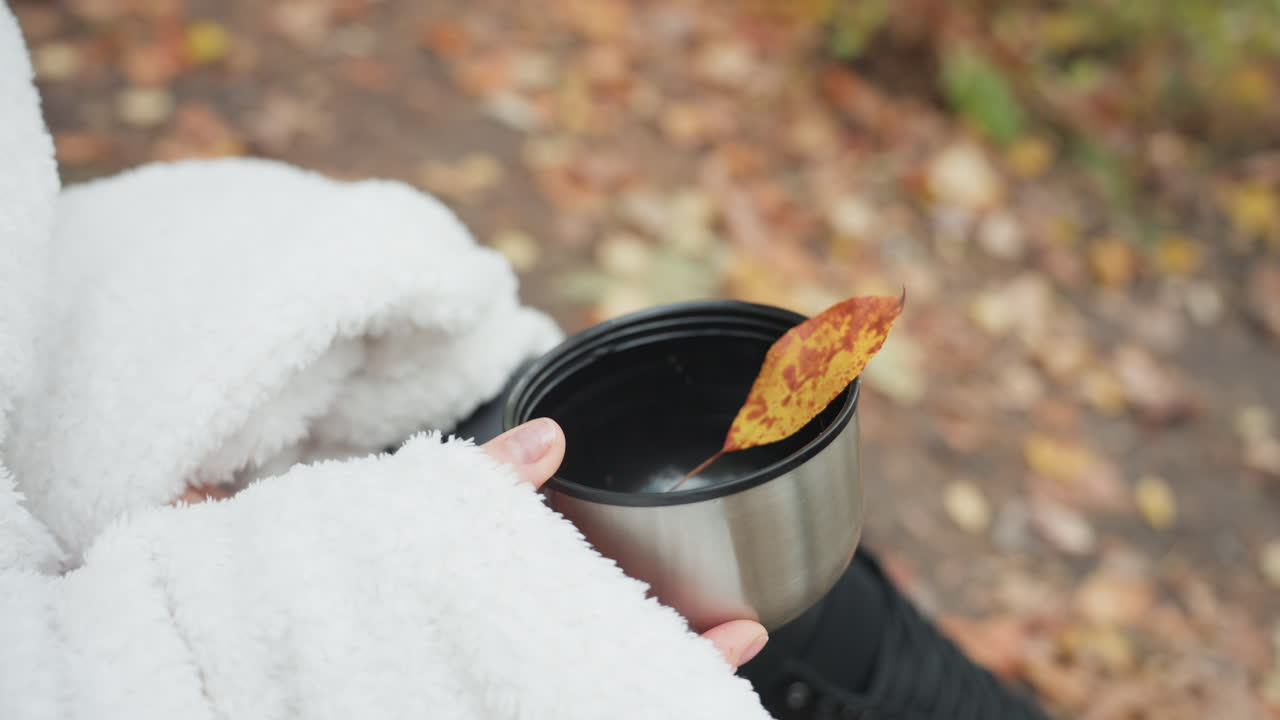Donna con bevanda, primo piano di donna con bevanda fumante in autunno, donna avvolta in una coperta che tiene in mano una bevanda calda con foglia dorata, primo piano dettagliato di signora con thermos e foglia tra il paesaggio autunnale
