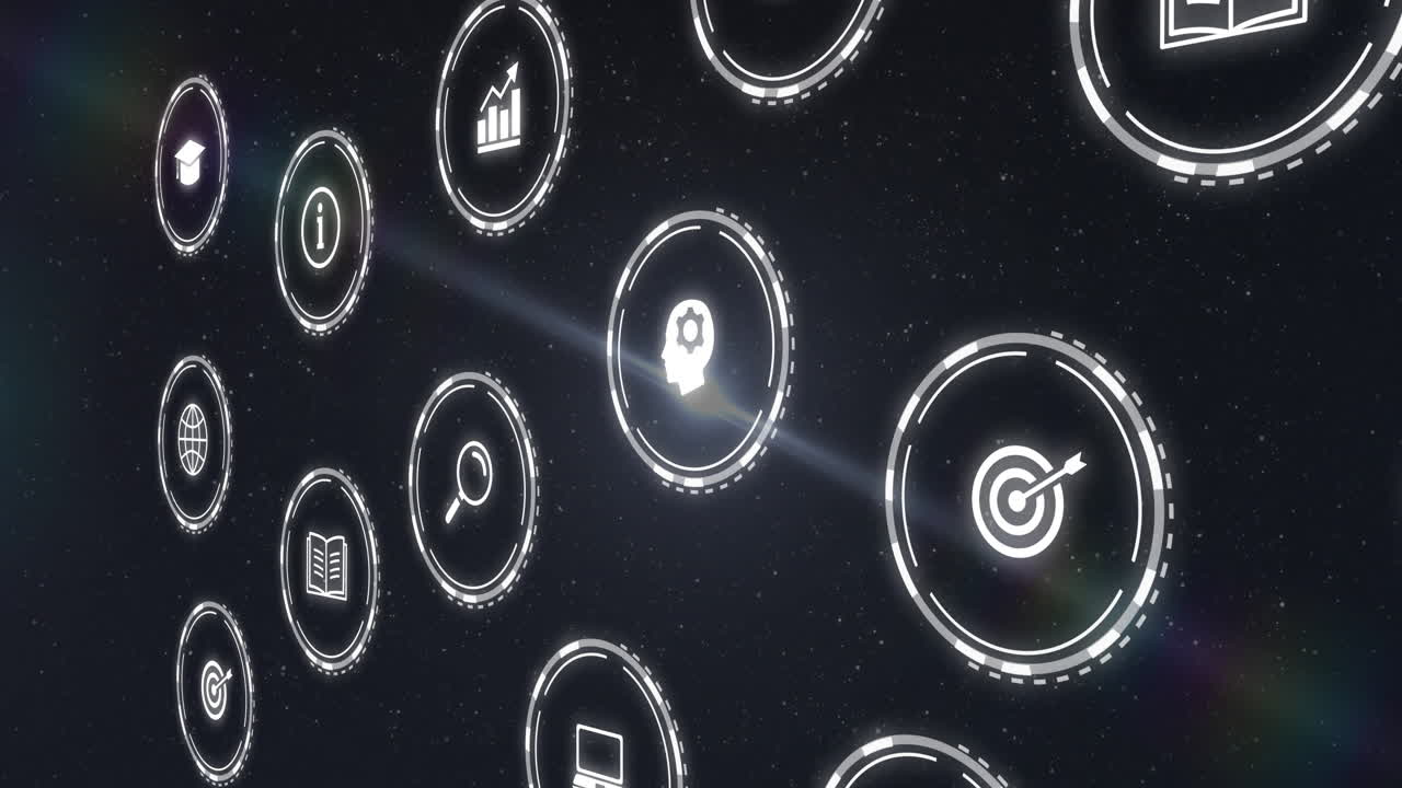 Floating digital icons in futuristic space, showcasing animation of various concepts