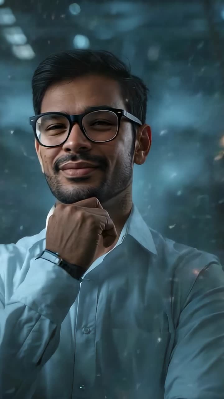 Vídeo vertical: hombre pensativo con gafas y camisa sonriendo y bajando el brazo en la oficina, chispas