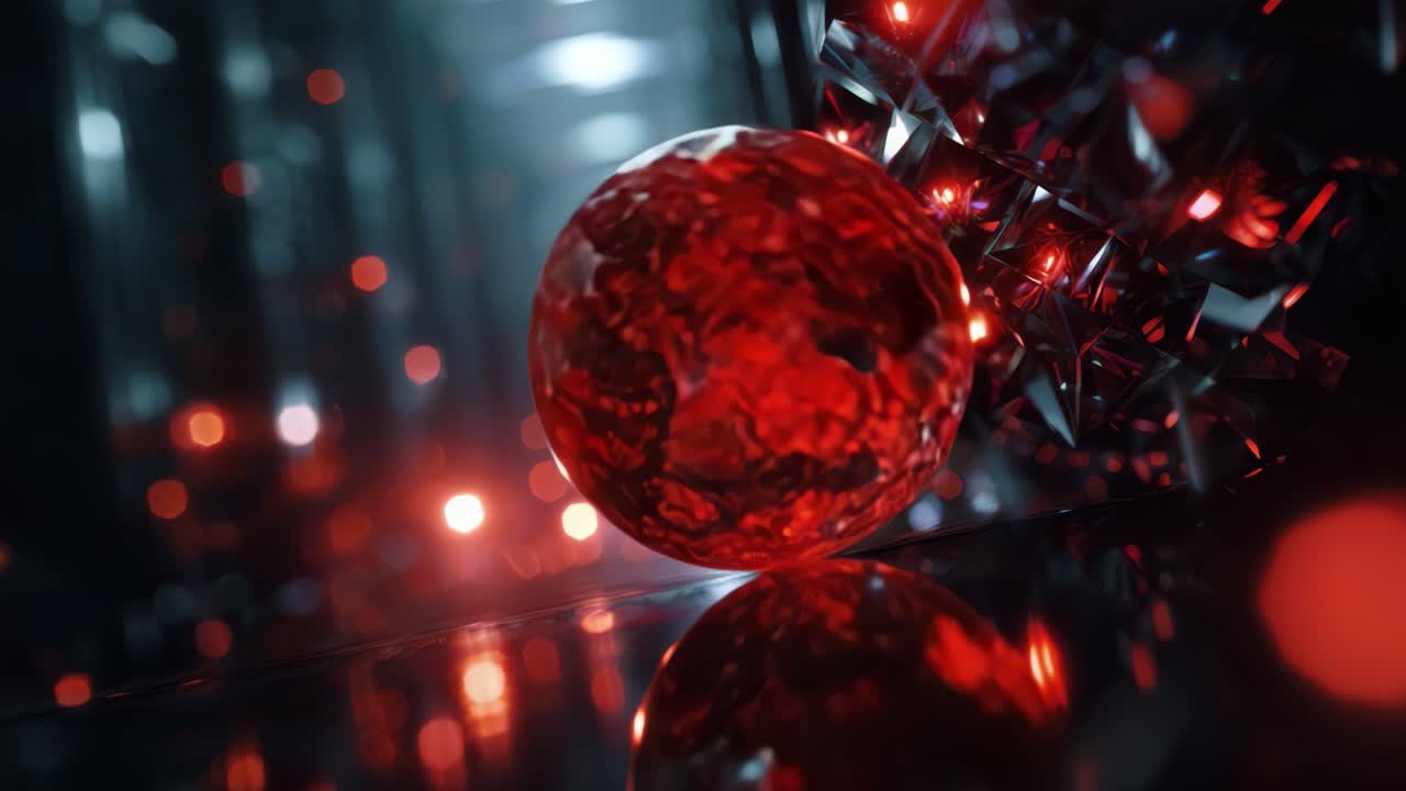 Intricate Red Crystal Sphere and Geometric Structures in a Dimly Lit Reflective Environment with Vibrant Bokeh Effects Showcasing Optical Artistry