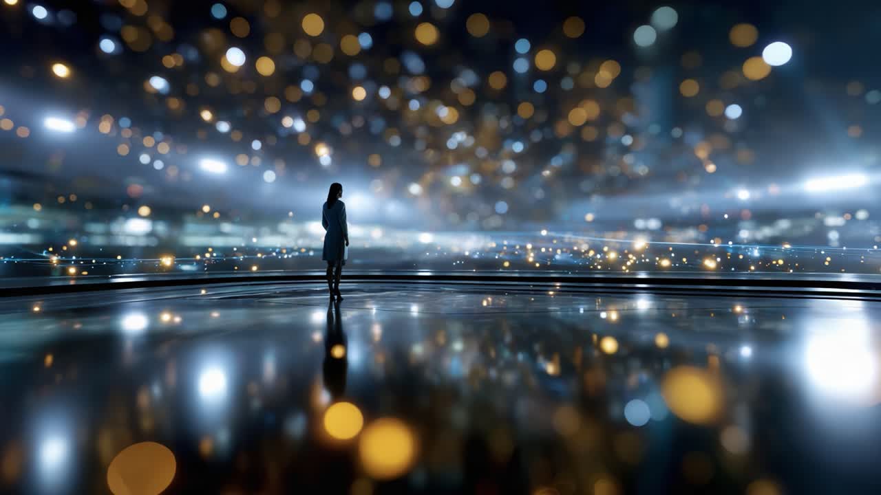 A solitary figure standing against a mesmerizing backdrop of shimmering lights and reflections, creating an enchanting atmosphere of wonder and contemplation
