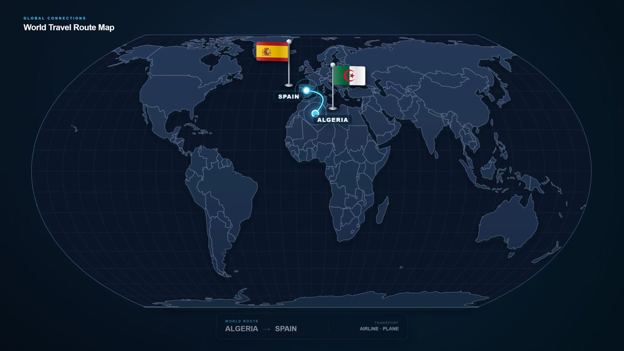 Digital world map graphics displaying an international travel route from Algeria to Spain with highlighted locations and a connecting flight path