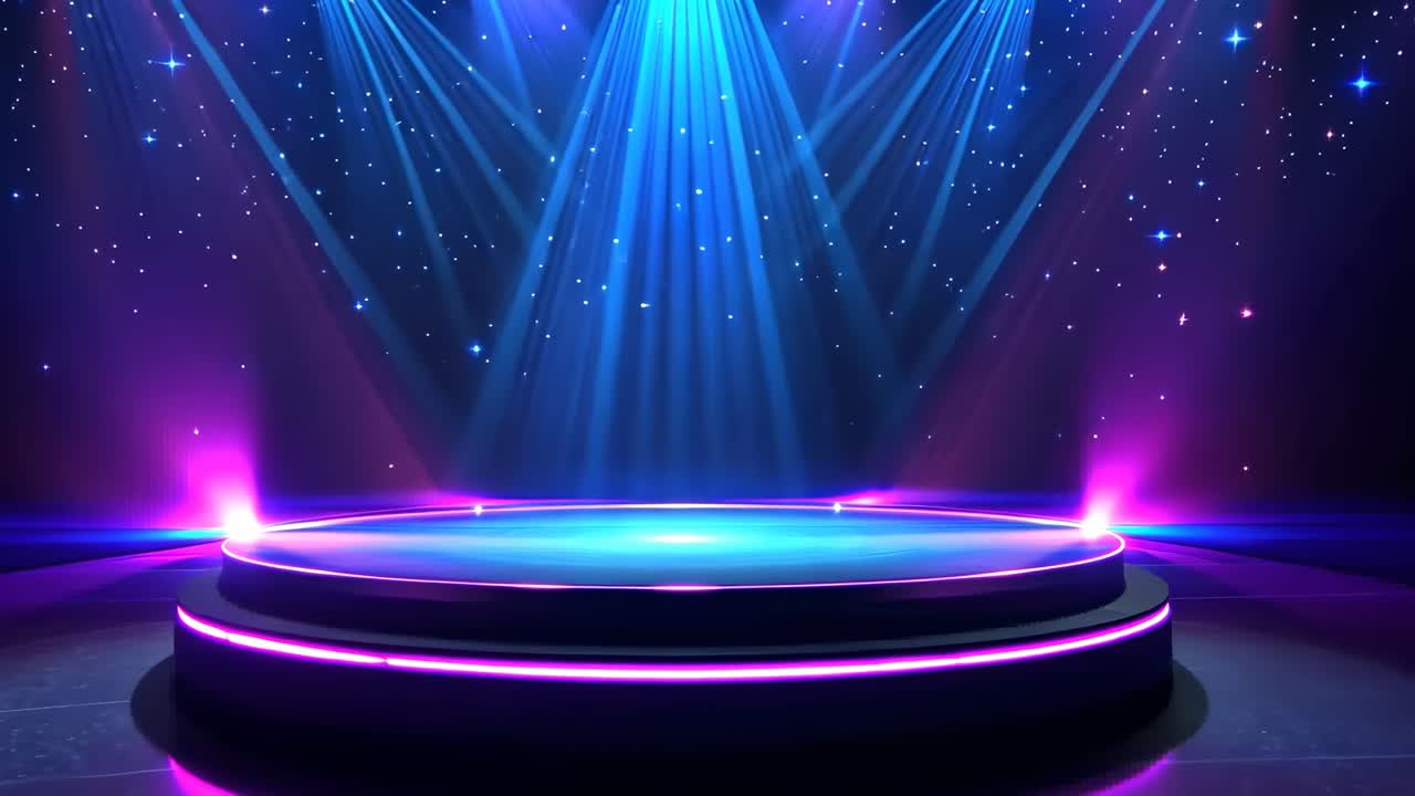 Vibrant stage with colorful spotlights and starry backdrop, captured from a low angle