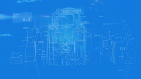 virtual buildings in a city and a digital lock with program codes