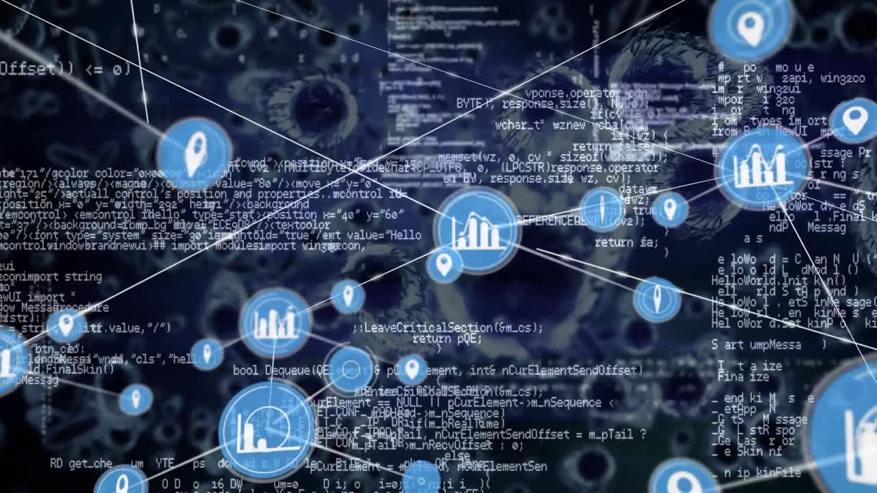 Network of digital icons and data processing against blood vessels on blue background