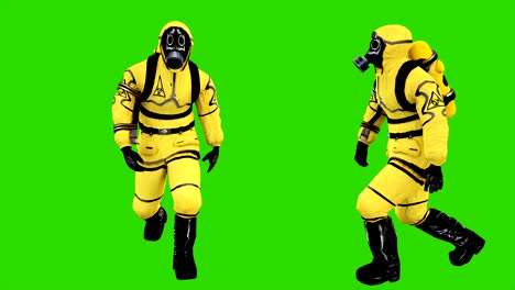 man in protective hazmat walking on green screen background. loopable background. 4k