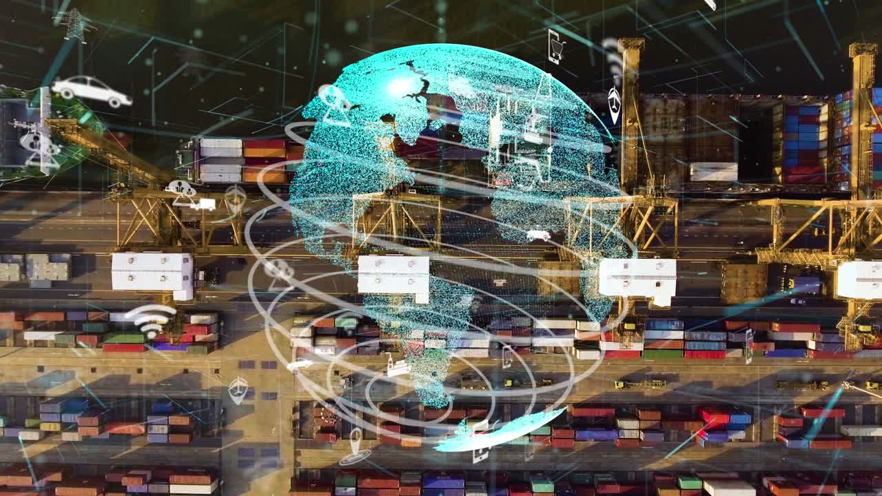 vista aérea del puerto de navegación con gráfico de la modernización de la tecnología de red