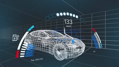 animación del velocímetro sobre el proyecto de automóvil eléctrico en el fondo de la marina