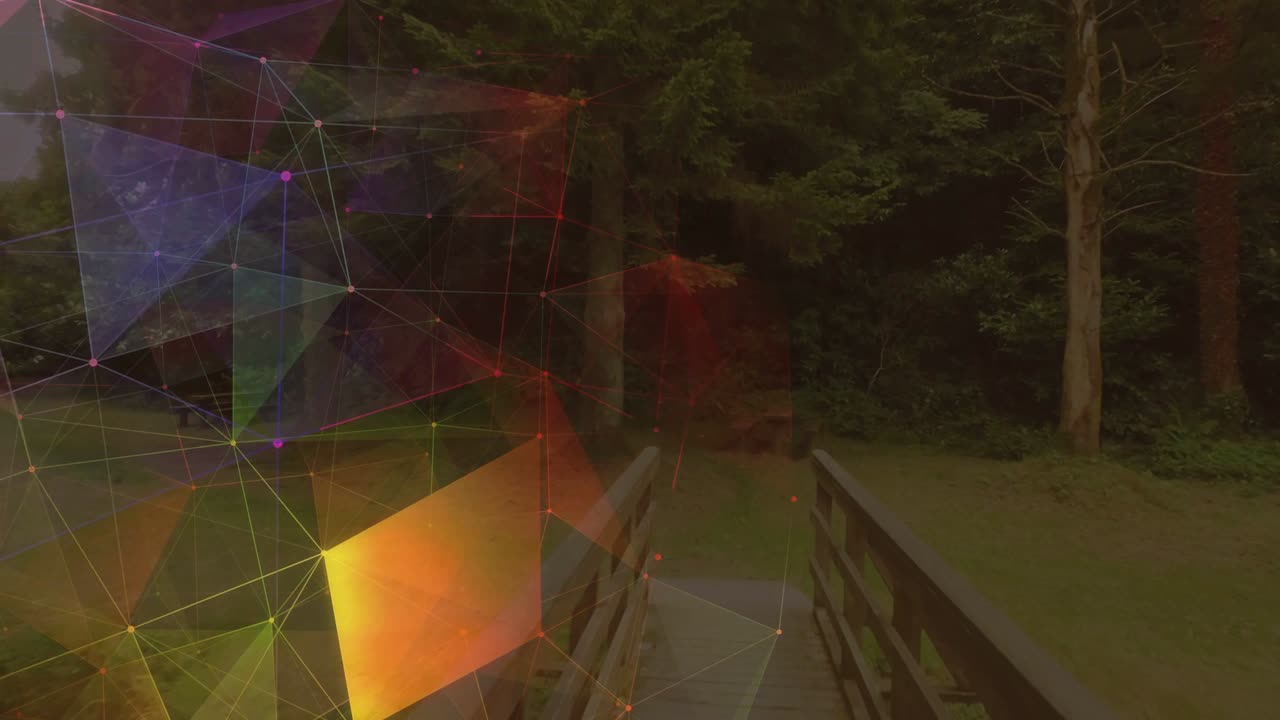 Camera moving along wooden bridge, polygon mesh sliding left and fading, revealing tree clearing
