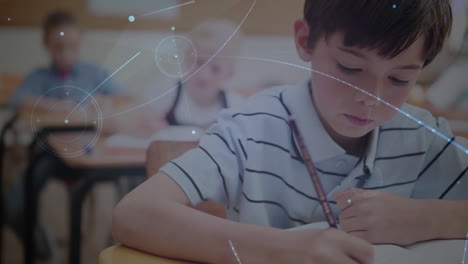 animation of network of connections over schoolboy writing