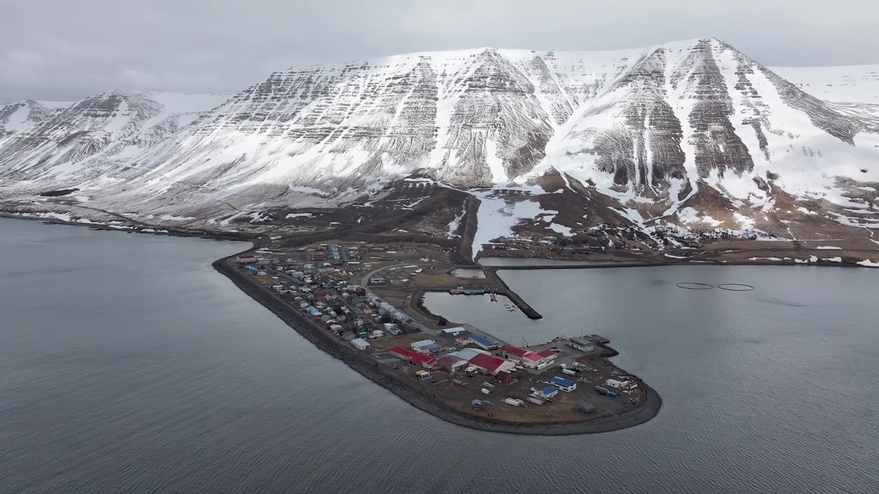 Piccolo villaggio di pescatori si estende su una stretta penisola in un fiordo, con tetti colorati e un porto incorniciato sotto imponenti montagne innevate a Flateyri. Islanda. Ampia ripresa aerea con drone.