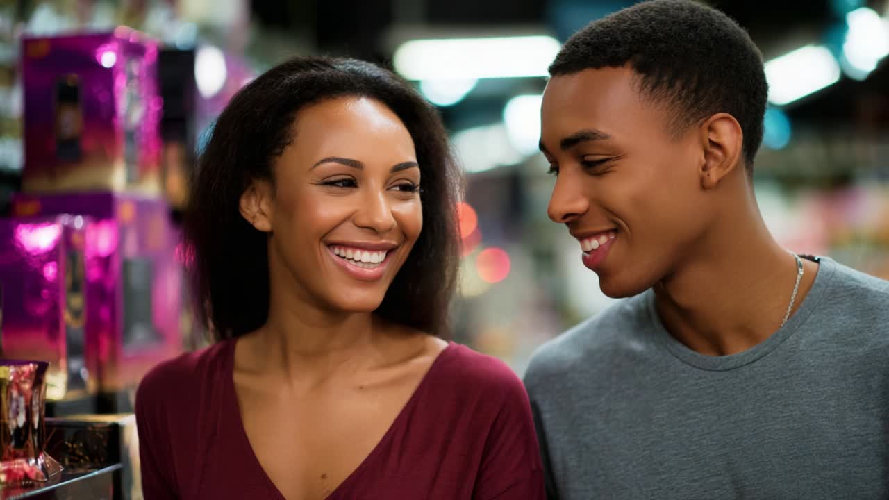 A joyful moment shared between two friends as they browse through a vibrant store filled with colorful products, showcasing their smiles and evident connection in a lively shopping environment