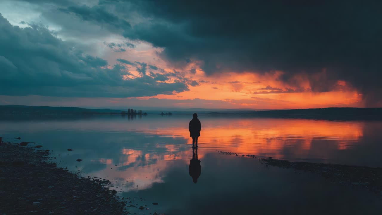 Une silhouette solitaire se tient au bord d’un lac calme, contemplant les teintes vibrantes du coucher de soleil tandis que de sombres nuages planent au-dessus, créant un contraste saisissant dans le ciel.