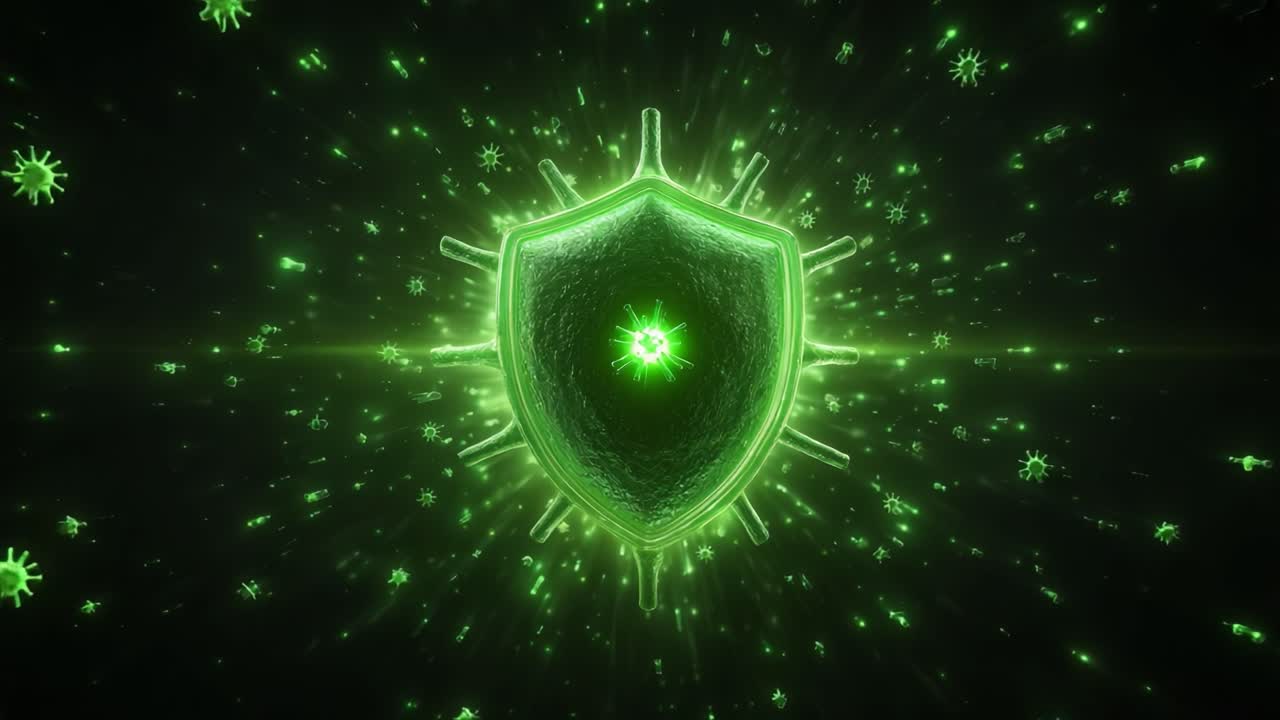 A Dynamic Visual Representation of Green Shield Graphics Shielding Against Particles and Microbes, Highlighting Protection and Defense Mechanisms in a Digital Environment