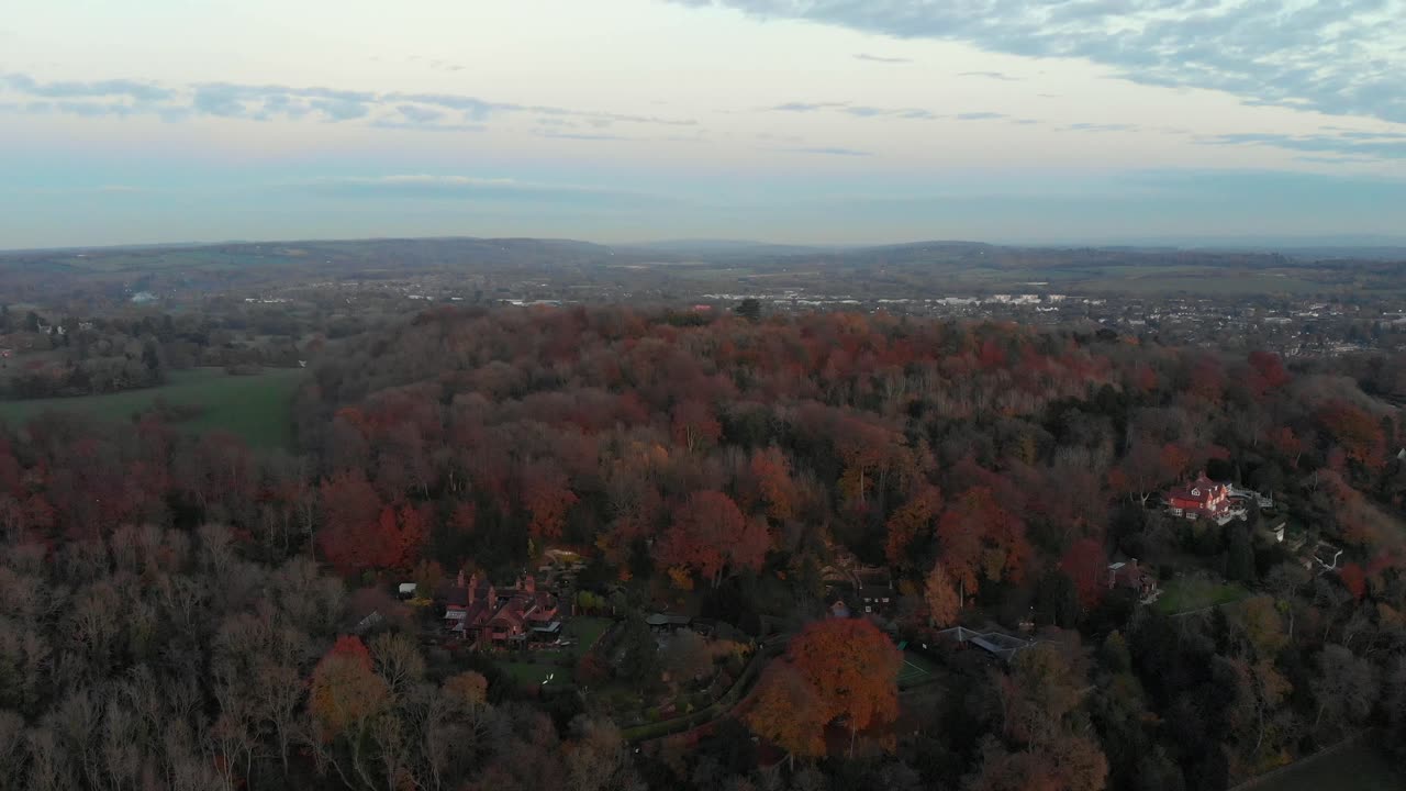 Forward-moving wide aerial shot of Reigate Hill forest in vibrant autumn colours.