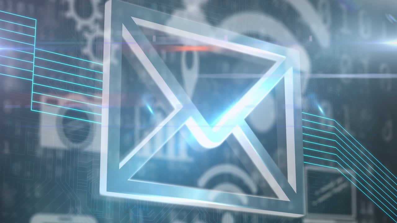 animación de iconos técnicos y correo electrónico a través de código binario en el espacio digital