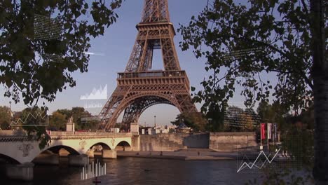 animation of multiple graphs and data over trees, river and bridge against eiffel tower