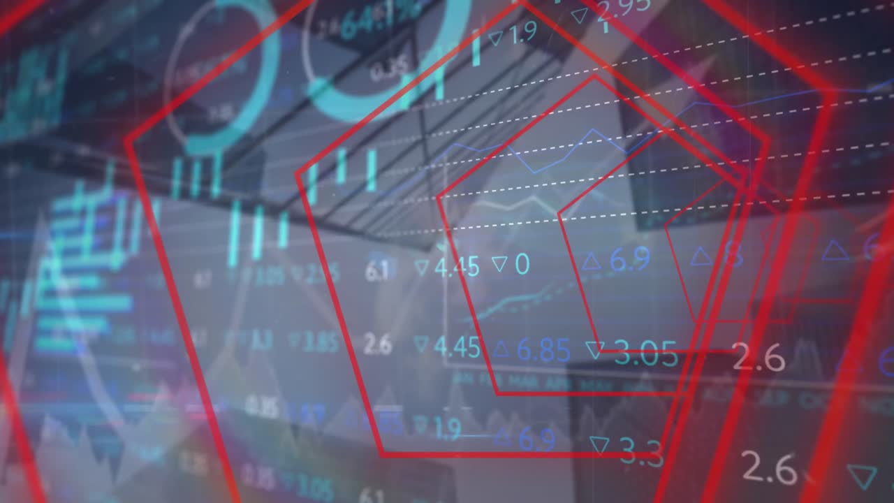 빨간색 모양의 애니메이션, 금융 데이터 및 빌딩에 대한 그래프