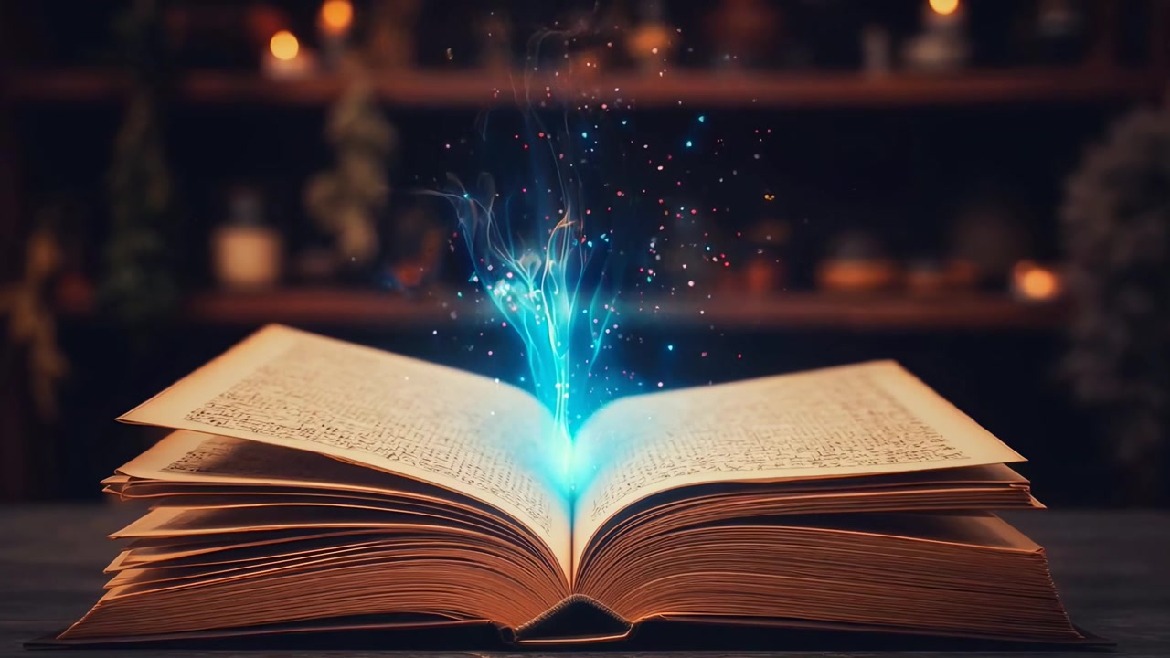 Libro aperto con fumo magico luminoso e particelle