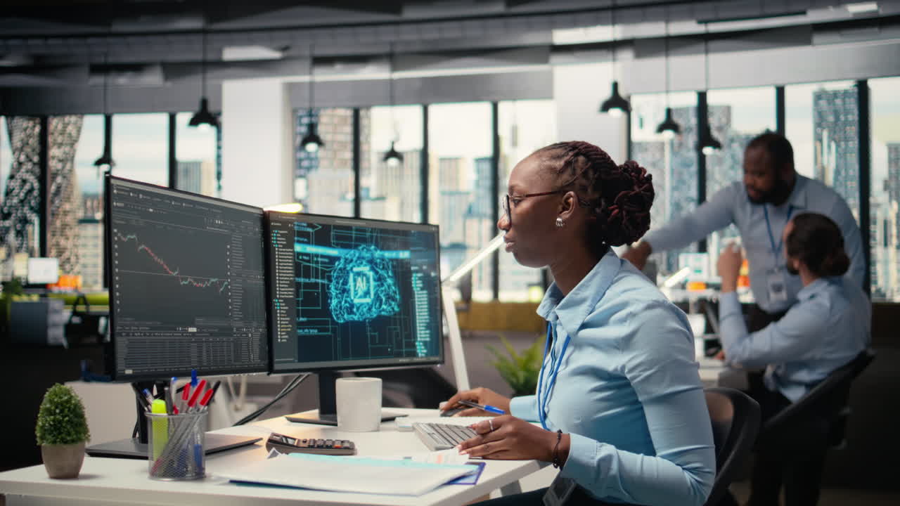 Trader in office leverages AI technology on PC to interpret analytics charts