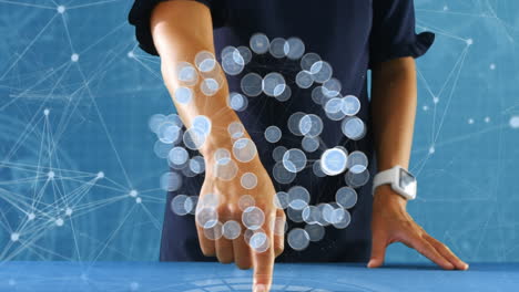 businesswoman using touchscreen with icons on the foreground