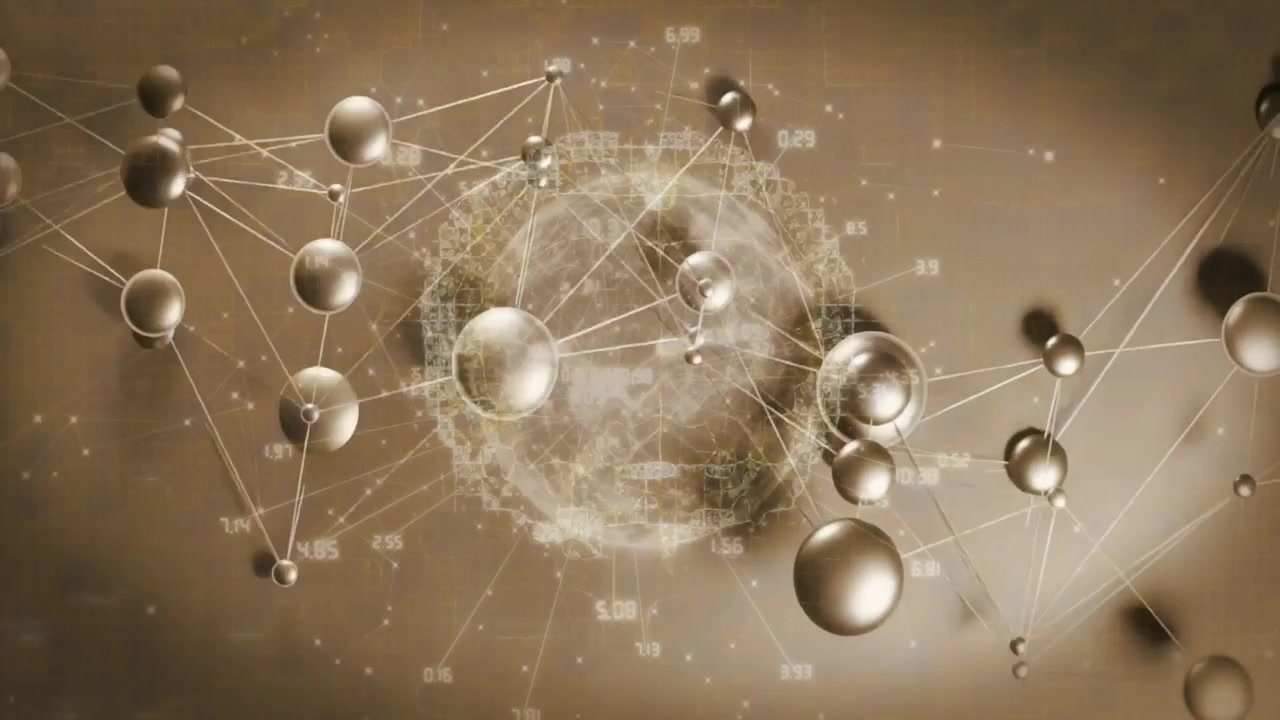 Un cluster che appare come una rete metallica che ruota, spostandosi in alto a sinistra, espandendo i collegamenti per rivelare una sfera color seppia.