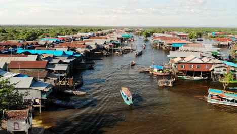 floating village on tonle sap lake, aerial drone view, cambodia