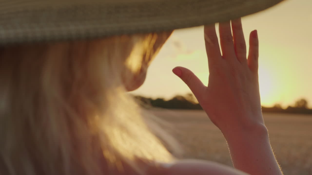 넓은 모자를 쓴 여자가 태양을 향해 손을 뻗는다 1