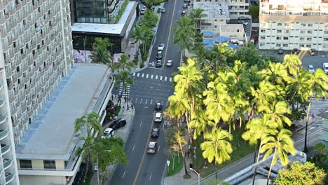 view looking down on a busy street intersection in waikiki during the evening