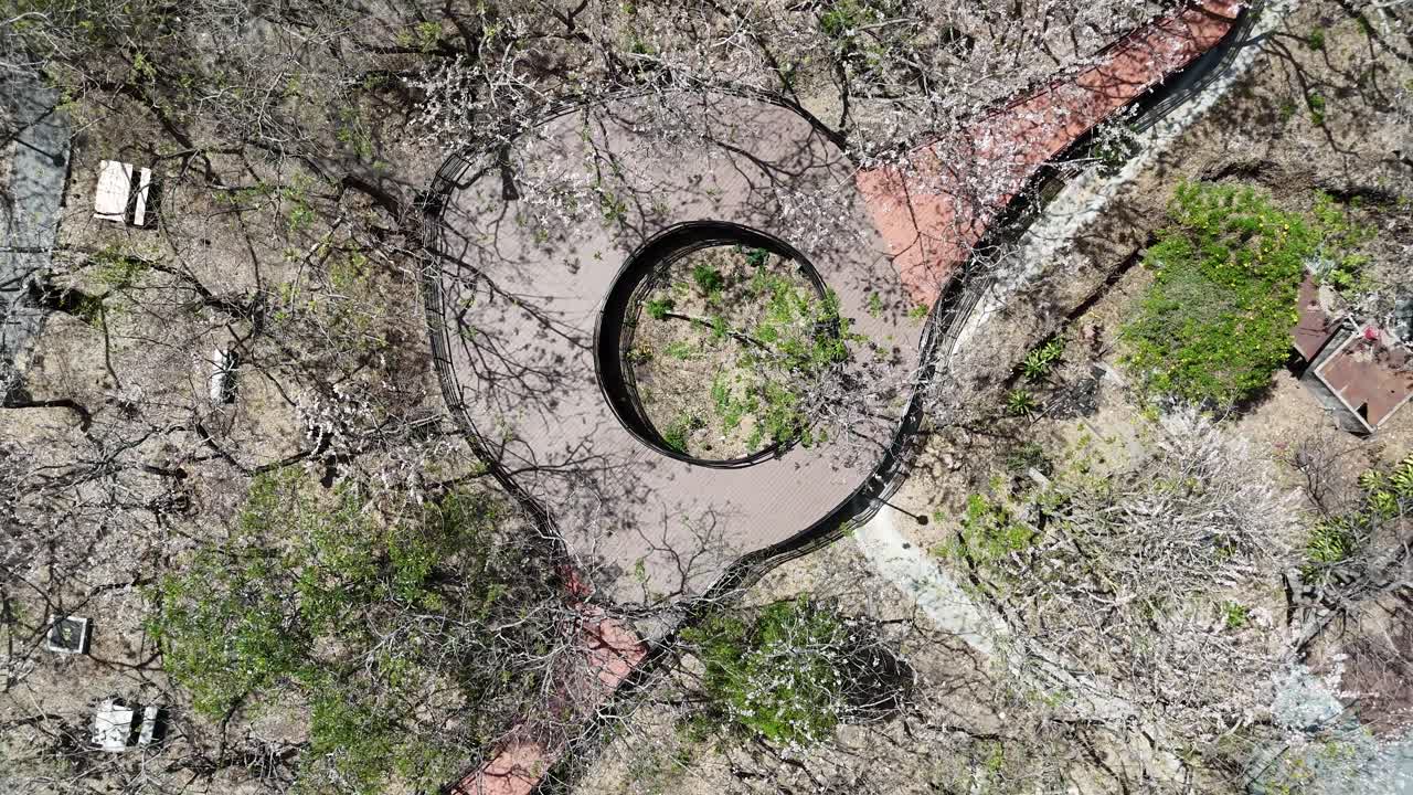 Aerial view of modern circular walkway in San Miguel Renovated public urban park, El Salvador
