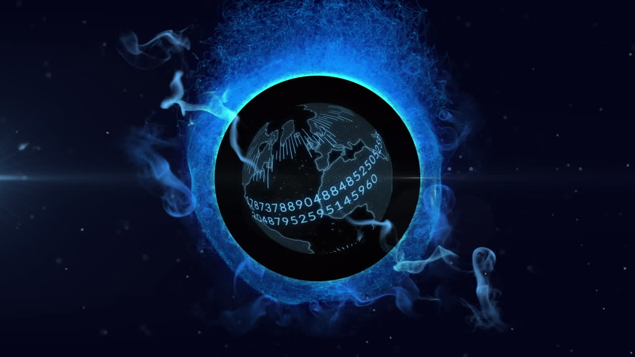 검은 바탕의 파란색 디지털 파도에 대한 회전하는 지구 위의 바이너리 코딩