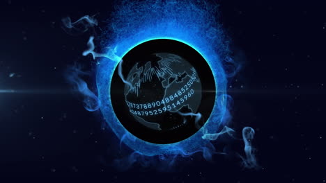 codificación binaria sobre un globo giratorio contra ondas digitales azules en fondo negro