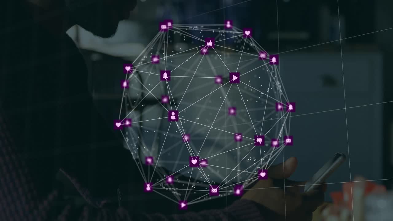 Globe of digital icons spinning against african american man using smartphone