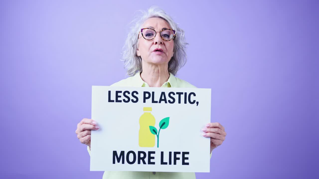 Donna anziana che tiene un cartello ambientale con la scritta 'Meno plastica, più vita'.
