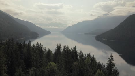 Langsamer-Dolly-Vorwärts-über-Bäume,-Die-Den-Atemberaubenden-Slocan-See-Zeigen