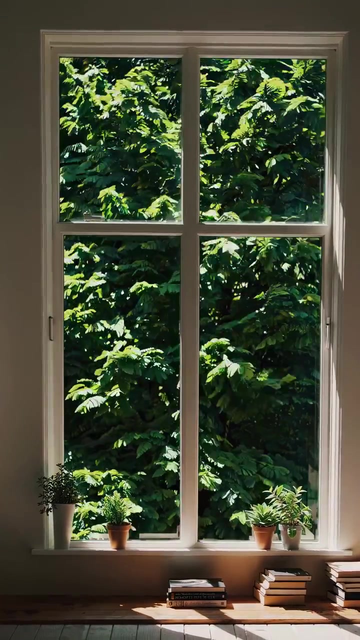 Sunlight Streaming Through Window with Potted Plants and Books