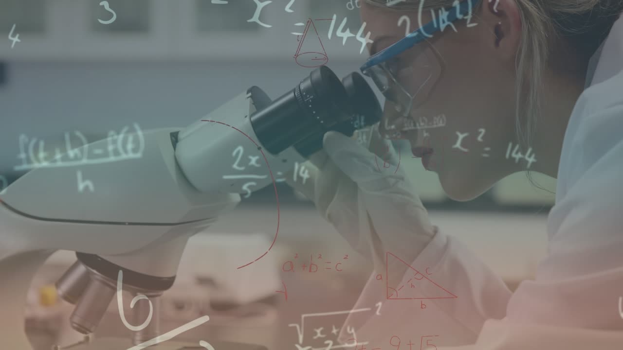 Animation of mathematical equations over caucasian female scientist in lab