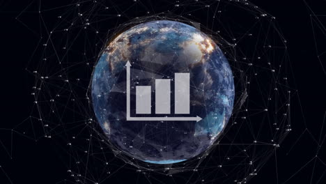 animation of bar graph icon and network of connections over spinning globe on black background