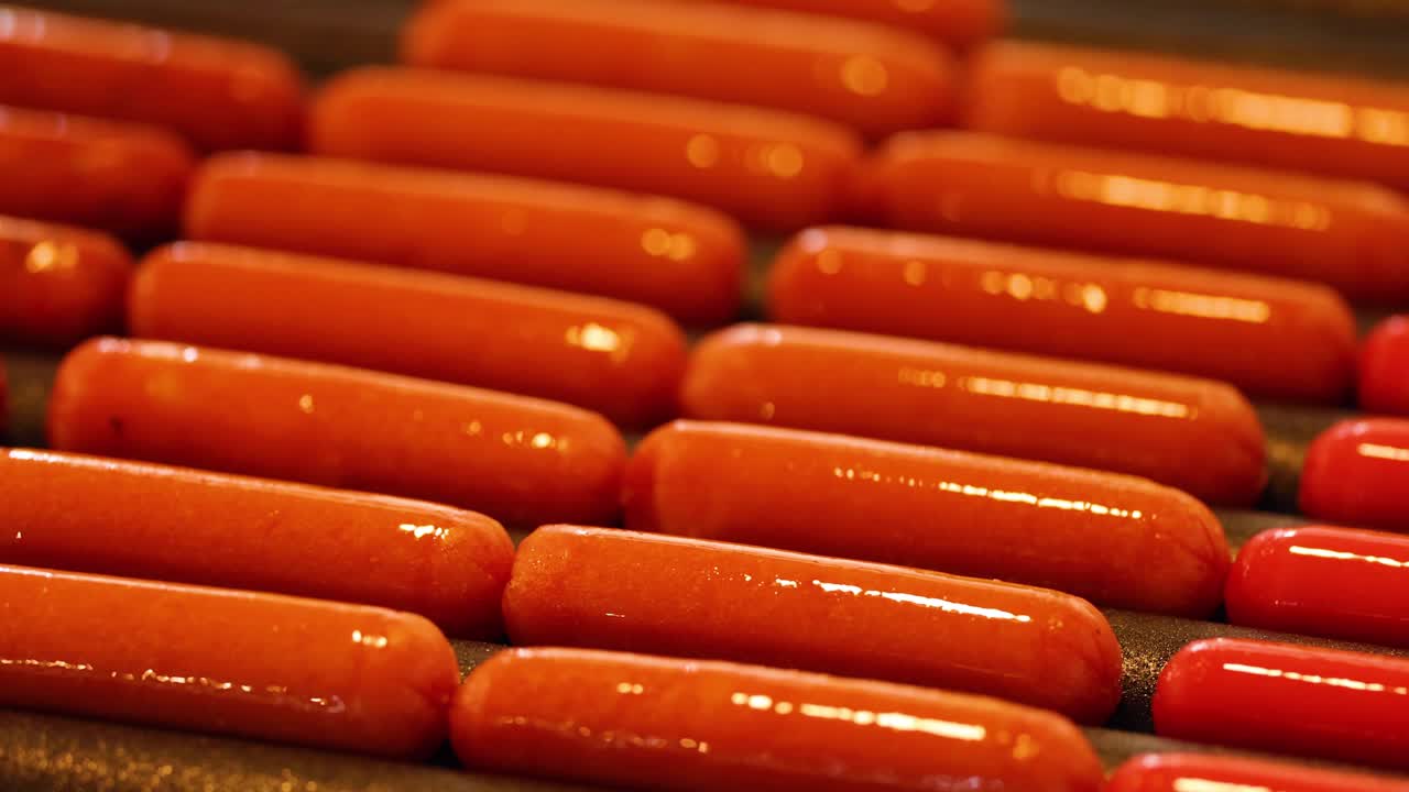 perritos calientes que se mueven a lo largo de una línea de producción