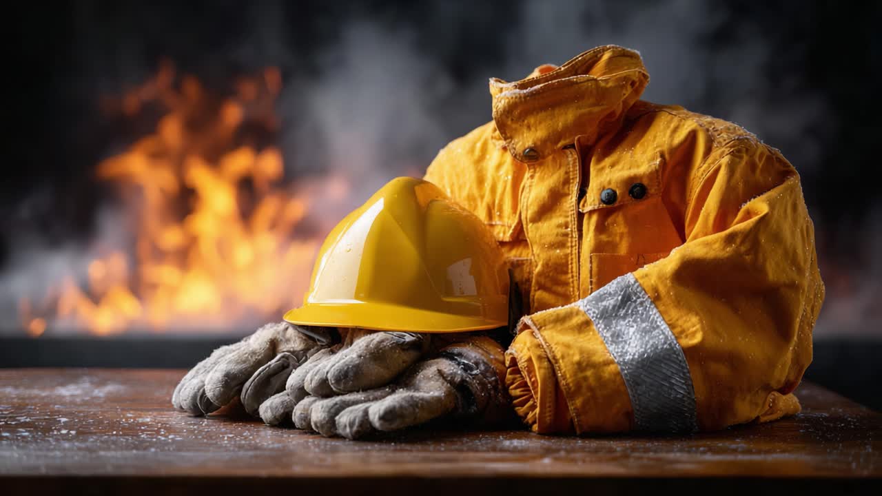 Een hazmat-pak gepresenteerd voor een vurige achtergrond, dat essentiële veiligheidsuitrusting toont voor extreme brandweersituaties en industriële veiligheidsprocedures