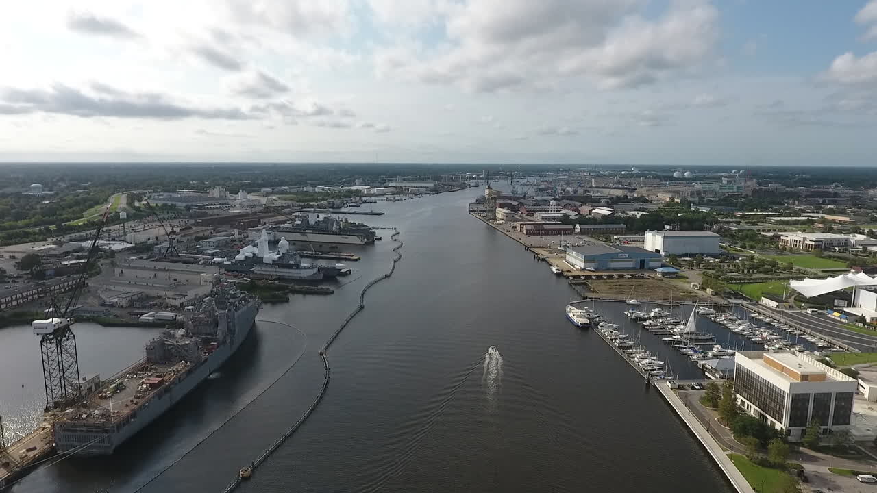pan out of a speed boat on the water by a city on the water